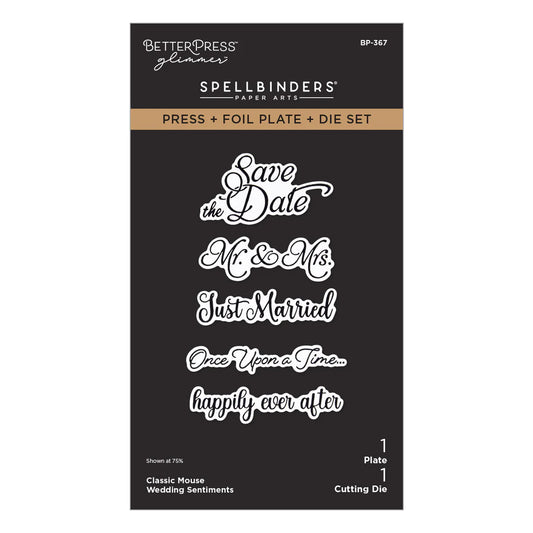 Spellbinders paper art set with text phrases on a black background