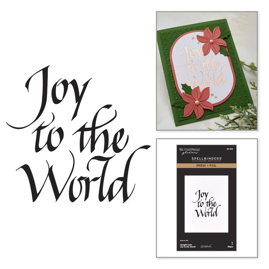 Joy to the World script with sample card and Spellbinders BetterPress Glimmer plate packaging