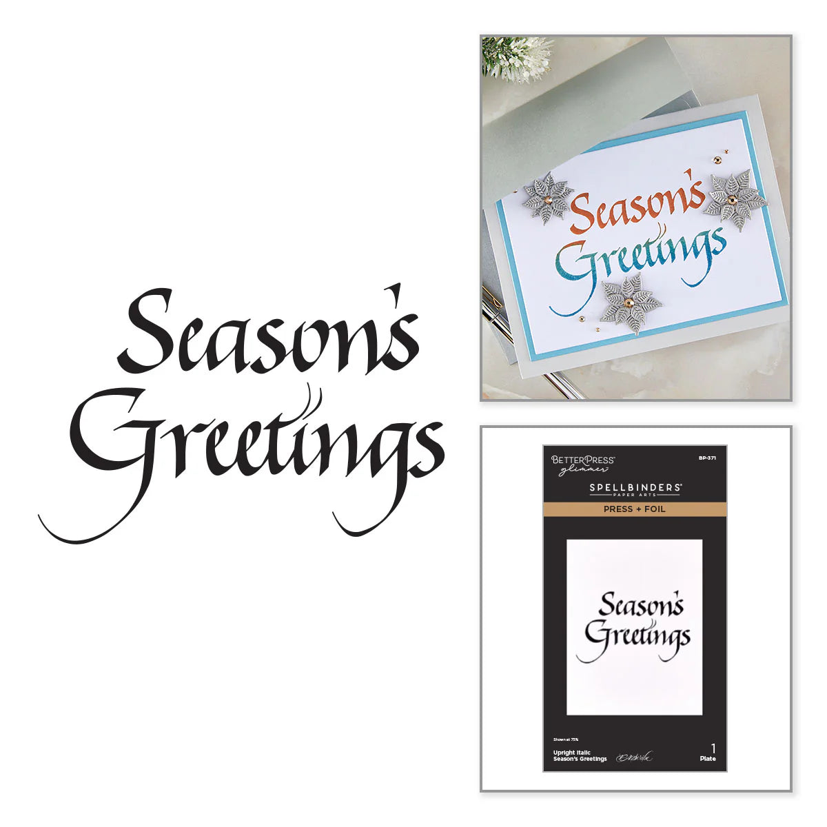 Season's Greetings script with sample card and Spellbinders BetterPress Glimmer plate packaging
