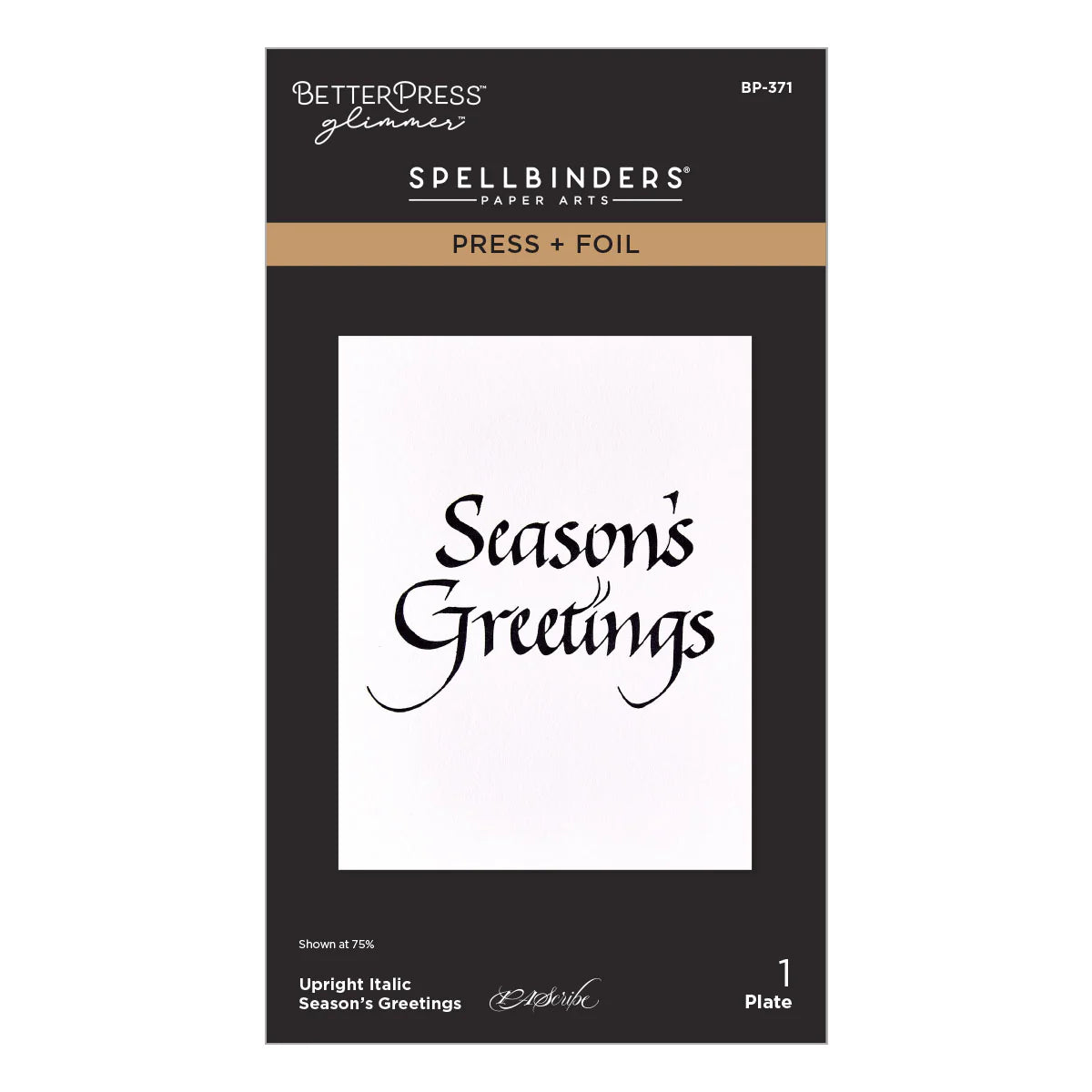 Spellbinders BetterPress Glimmer Upright Italic Season's Greetings plate package, BP-371