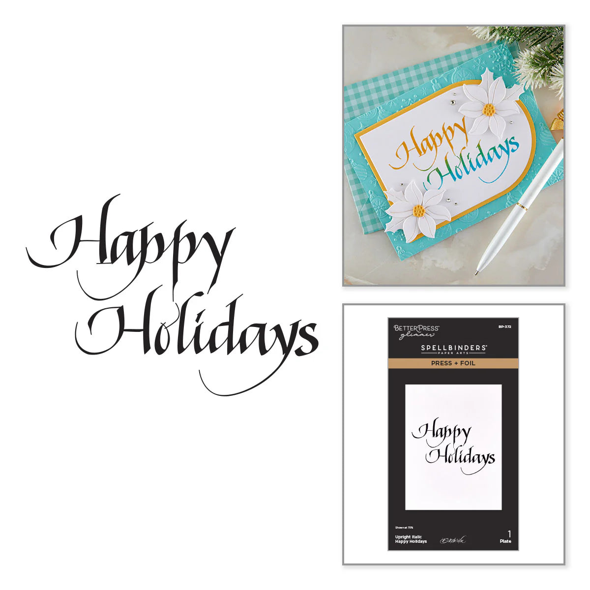 Happy Holidays script with sample card and Spellbinders BetterPress Glimmer plate packaging