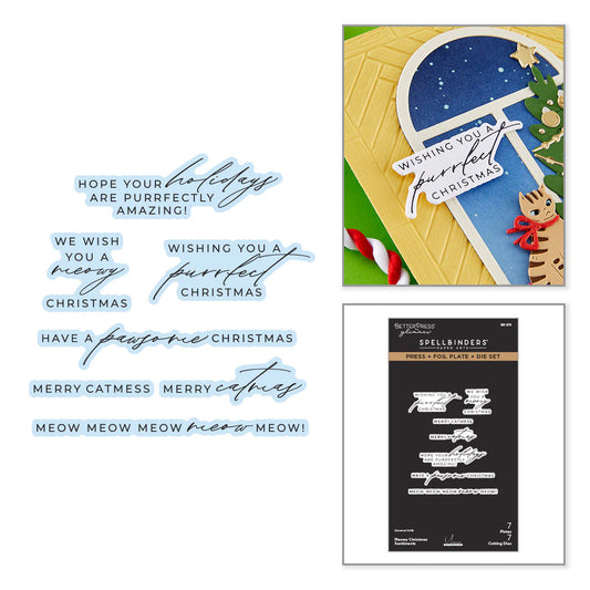 Collection of Christmas-themed cards and a die-cut set with cat-themed text.