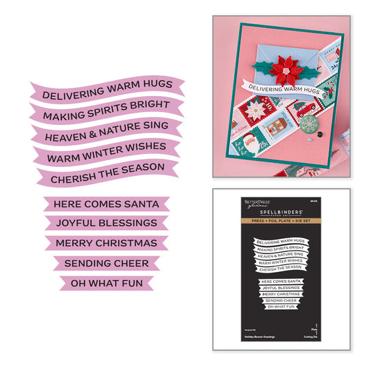 Set of Christmas-themed phrases and a die-cut card with festive designs on a white background.