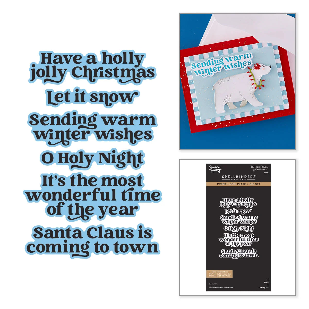 A collage showing a holiday greeting card with a polar bear and the text 'Sending warm winter wishes' alongside a package of Spellbinders sentiment stamp set featuring matching Christmas phrases.
