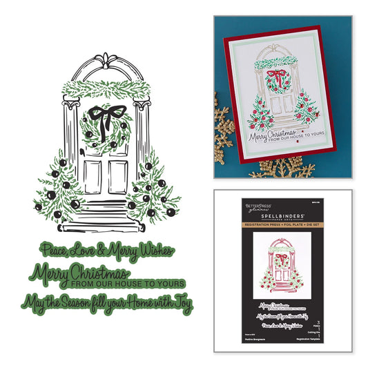 Christmas-themed stamp set featuring an illustrated holiday door with green wreath garlands and text reading 'Merry Christmas' and 'From our house to yours,' shown alongside a sample stamped card and the product packaging.