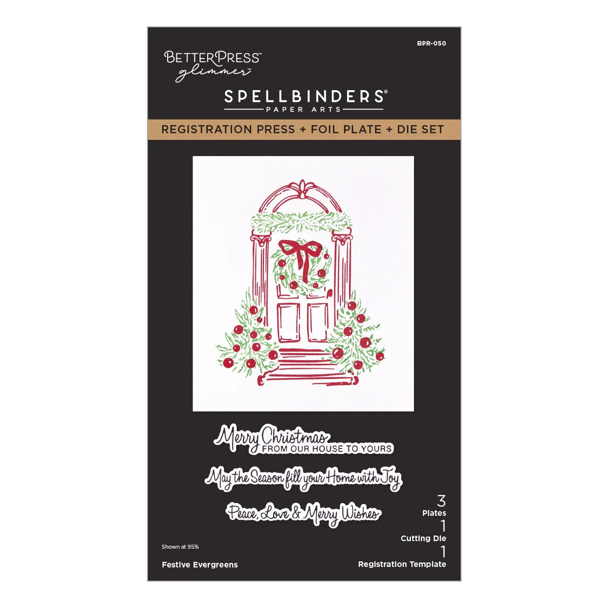 Better Press Spellbinders 'Festive Evergreens' registration press, foil plate, and die set packaging, featuring a red and green wreath design on a white background.