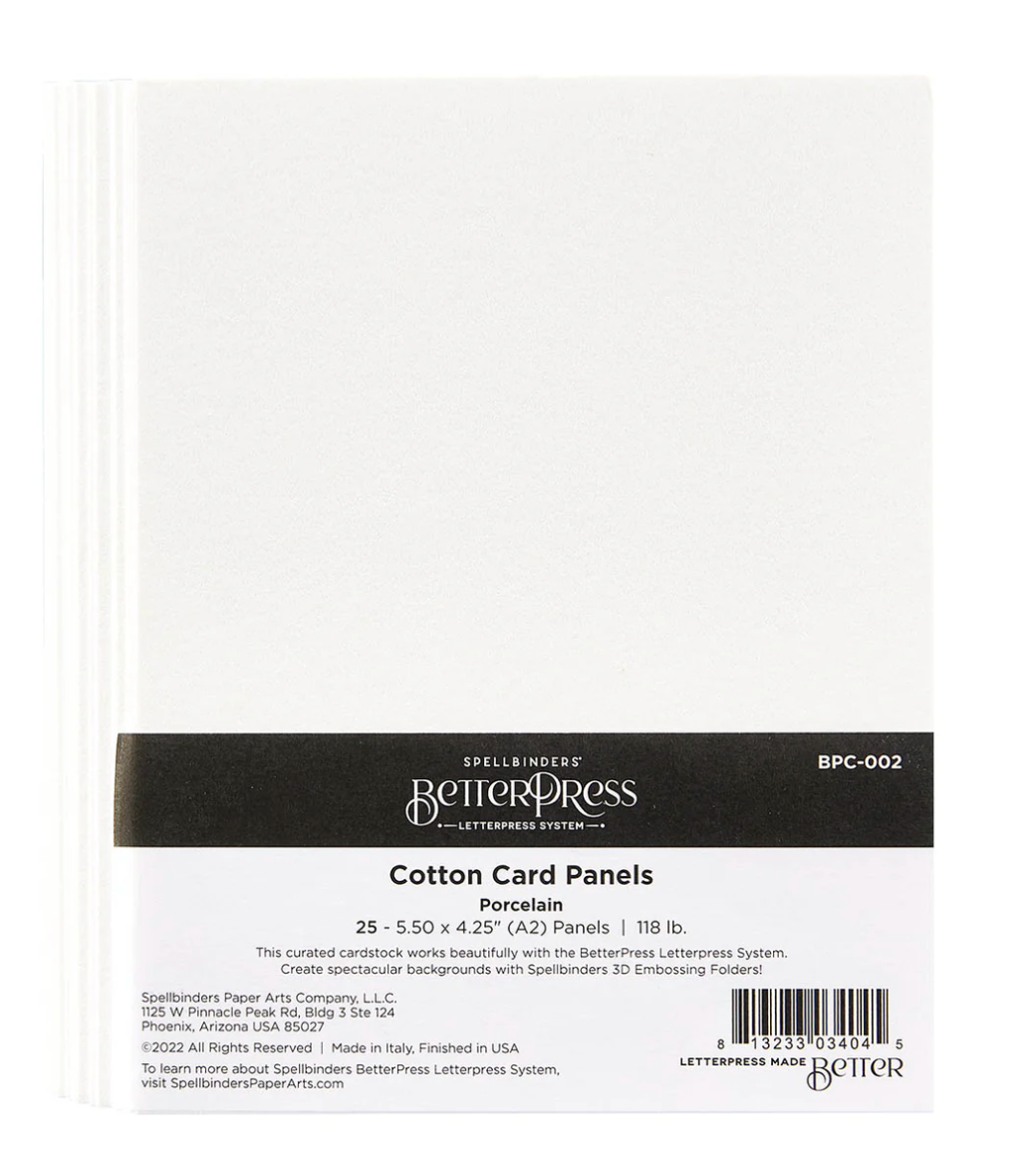 A pack of 25 white porcelain card panels from BetterPress, designed for use with letterpress systems and embossing folders.