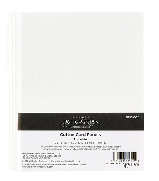 A pack of 25 white porcelain card panels from BetterPress, designed for use with letterpress systems and embossing folders.
