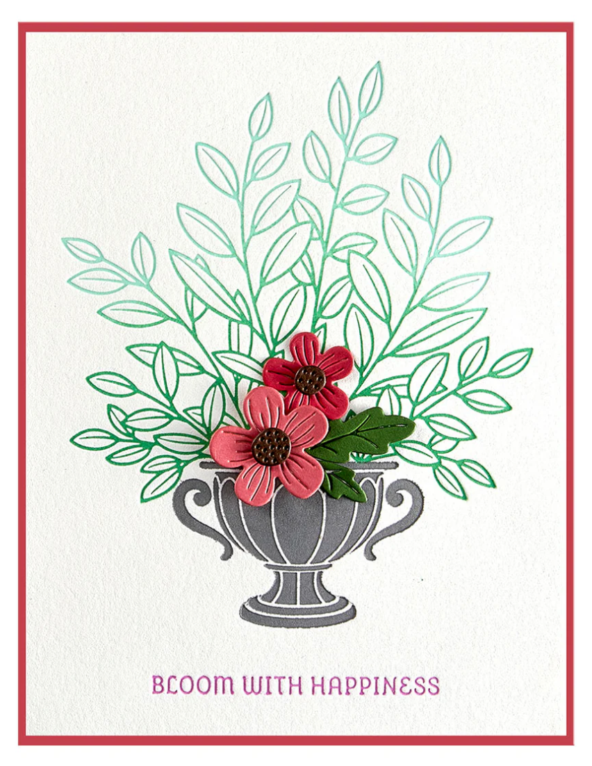 Card with floral design and 'Bloom with Happiness' text on a white background
