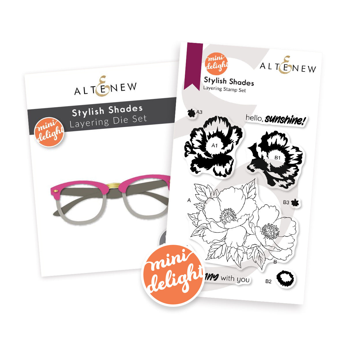 Altenew Stylish Shades die set and Mini Delight stamp set on a white background