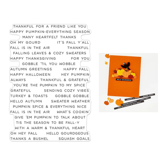 An orange greeting card with a black owl illustration and the words 'HELLO GOURDEOUS' on the front, shown next to a white sheet of printed autumn-themed crossword clues on a white background.