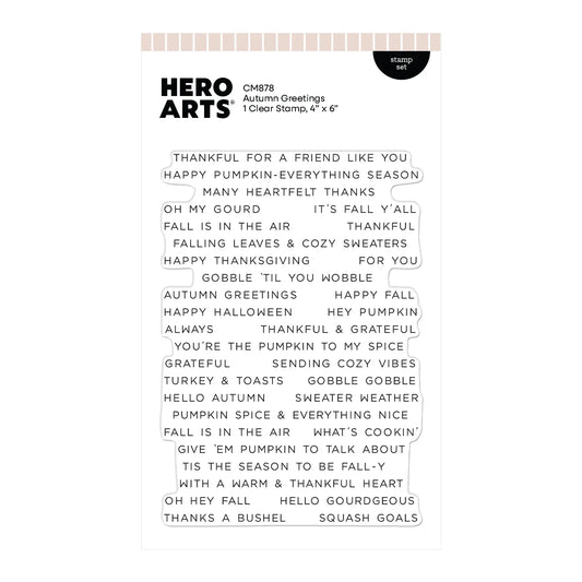 Collection of Fall and Thanksgiving-themed clear stamp phrases on a white background with Hero Arts branding.