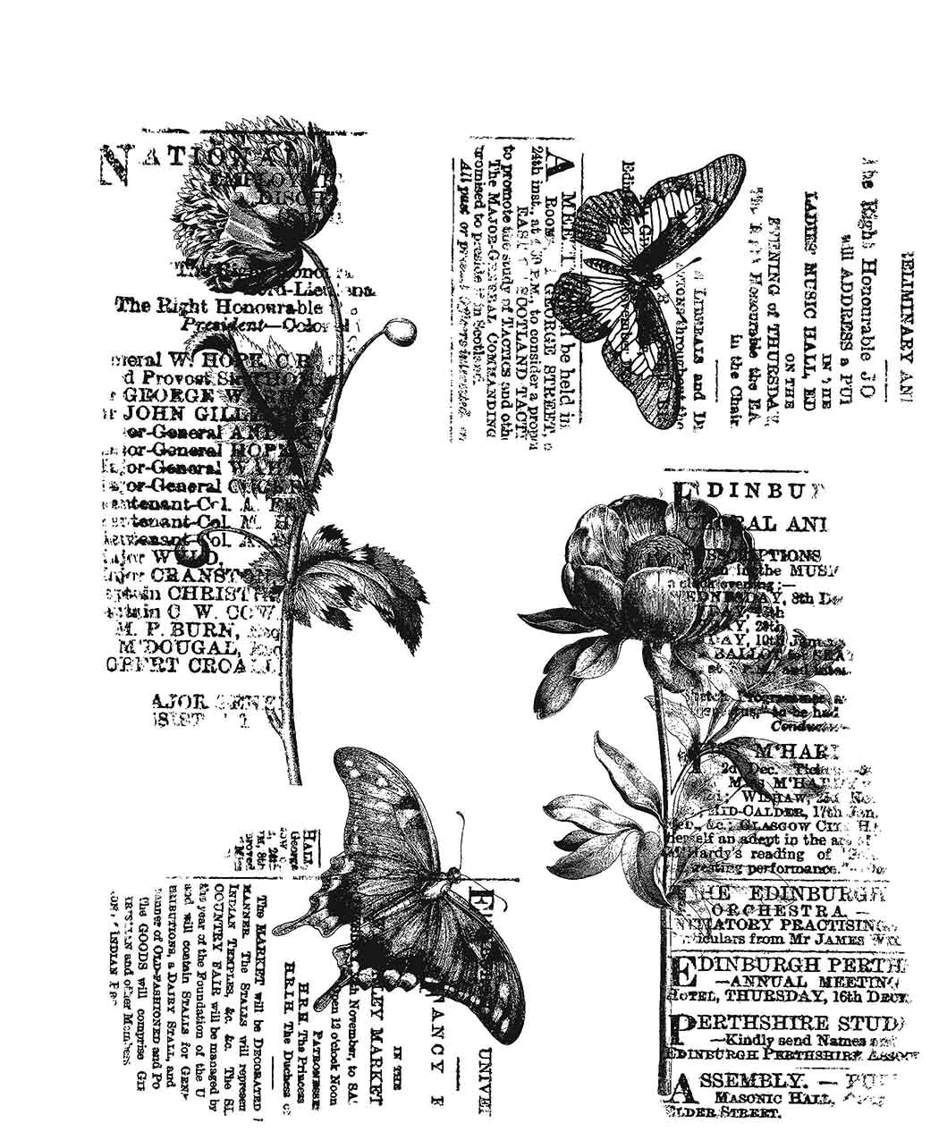 Vintage-style rubber cling stamps with butterflies, flowers, and text on a white background