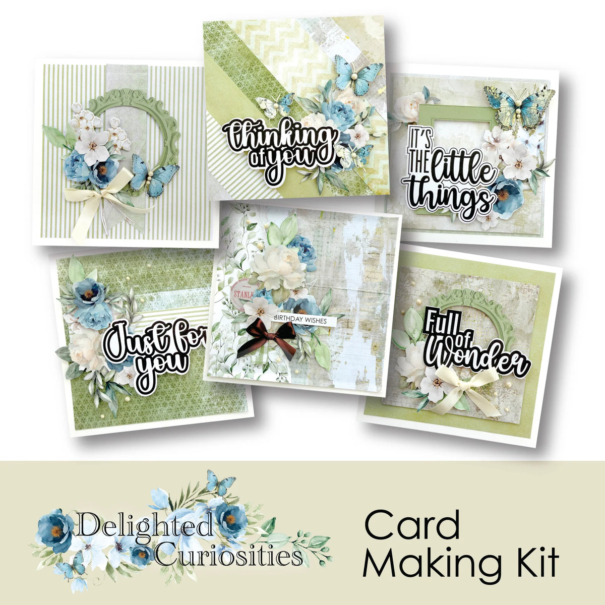 Delighted Curiosities Card making kit with 6 card samples from Uniquely Creative papers of butterflies and flowers.