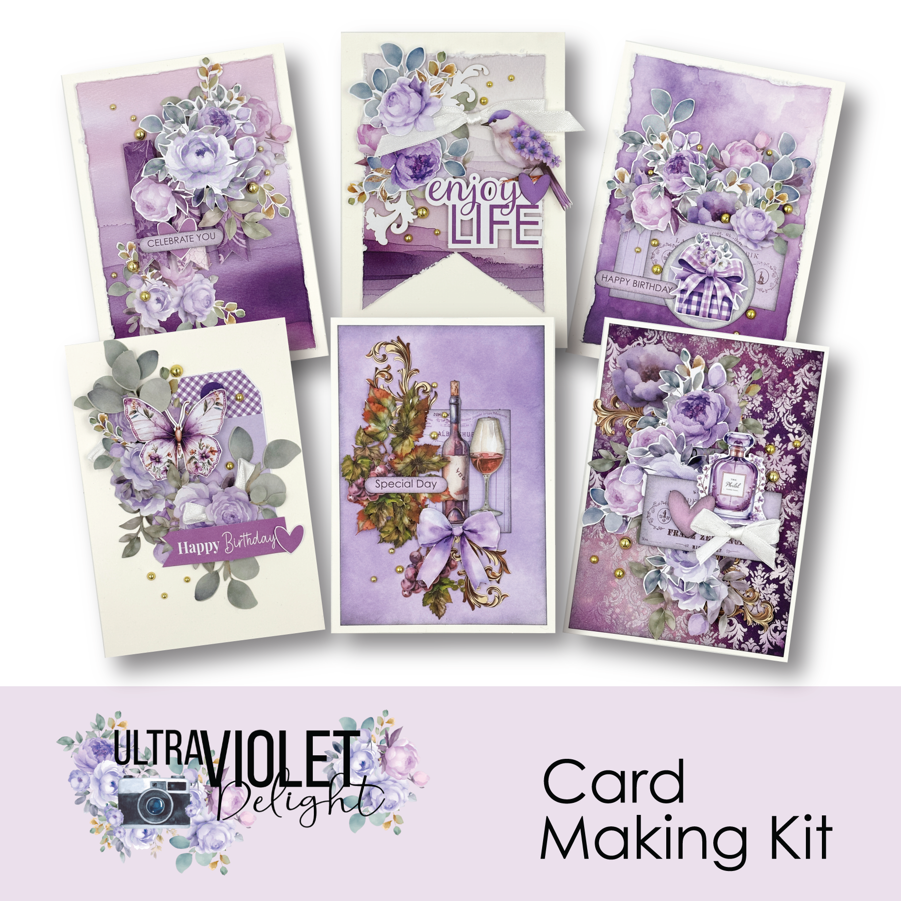 Set of purple-themed greeting cards with floral designs and 'Ultraviolet Delight' branding.