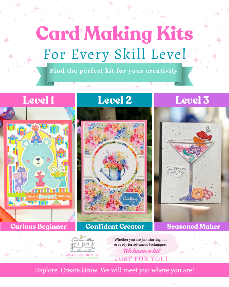 Card making kits for every skill level at Crafts on the Move — Level 1 Curious Beginner, Level 2 Confident Creator, Level 3 Seasoned Maker