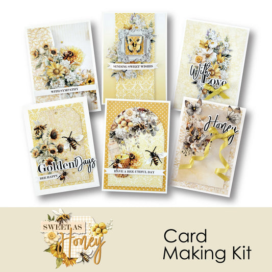 Collection of card designs with bee and floral elements, labeled 'Sweet as Honey Card Making Kit'.