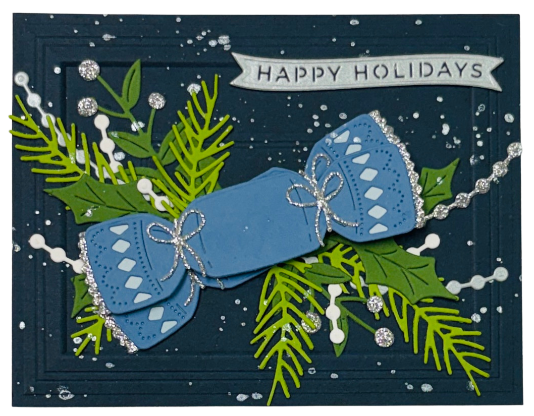 Holiday card with blue ribbons and greenery on a dark blue background with 'Happy Holidays' text.
