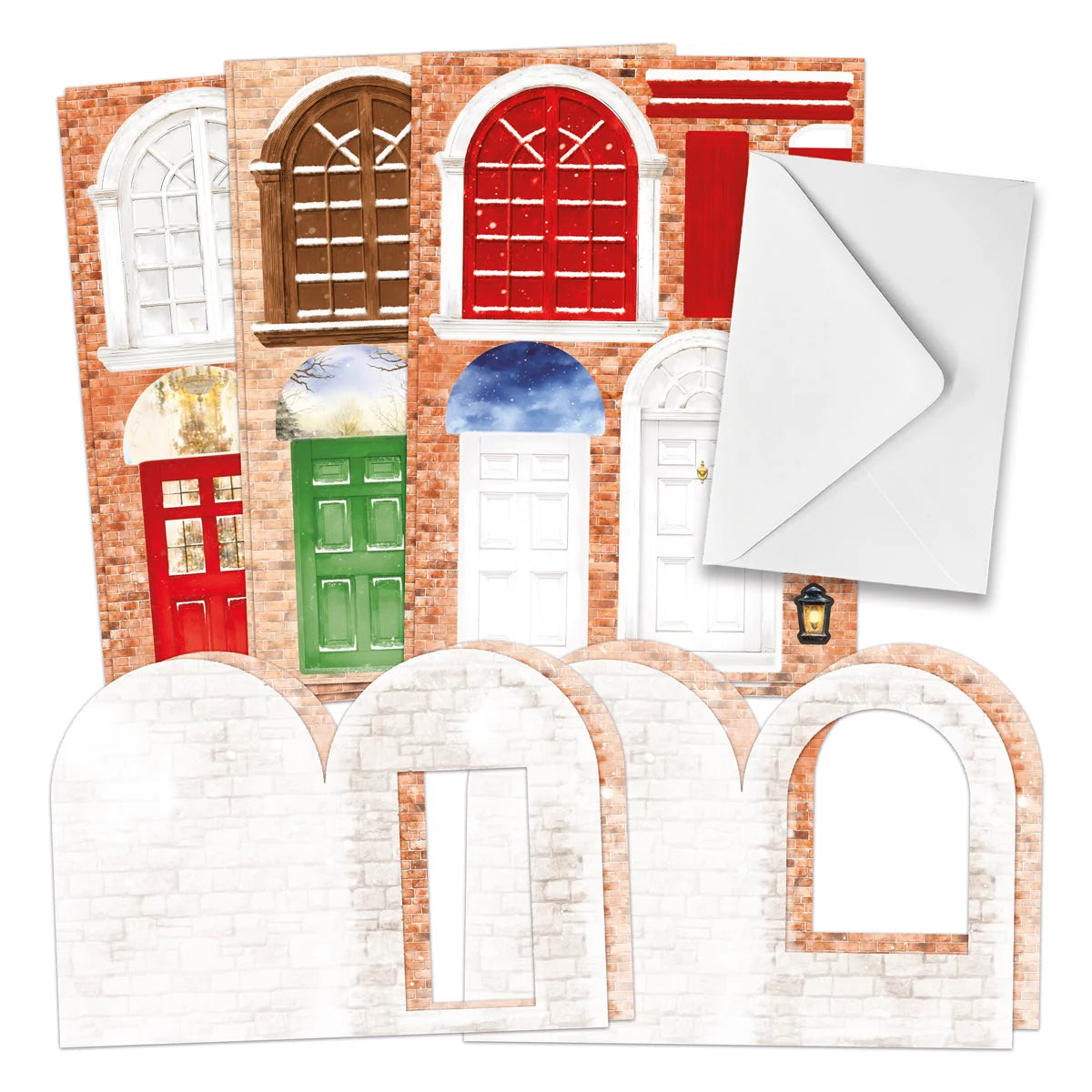 Set of greeting cards with various door designs on a white background