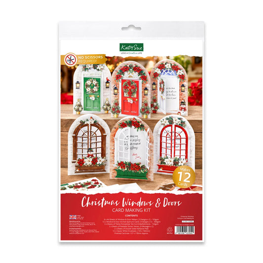 Katy Sue Christmas Window & Door Card making Kit in its retail packaging, featuring a festive collage of decorated miniature arched windows and doors in green, red, and white, with a red bottom banner containing product details.