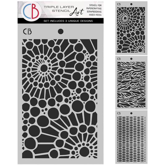Set of three stencils with geometric patterns on a white background