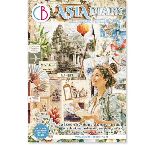 Cover of 'Asia Diary' junk journal ephemera book with collage of images and a woman holding a book.