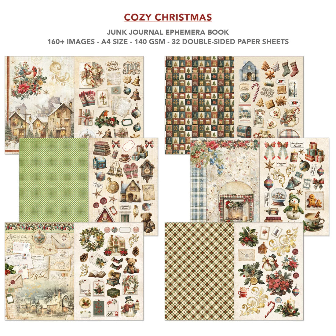 Cozy Christmas junk journal ephemera book cover showing multiple sample sheets with holiday illustrations, patterns, and decorative prints on a white background with product text at the top.