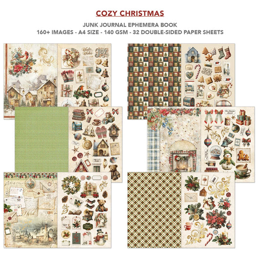 Cozy Christmas junk journal ephemera book cover showing multiple sample sheets with holiday illustrations, patterns, and decorative prints on a white background with product text at the top.