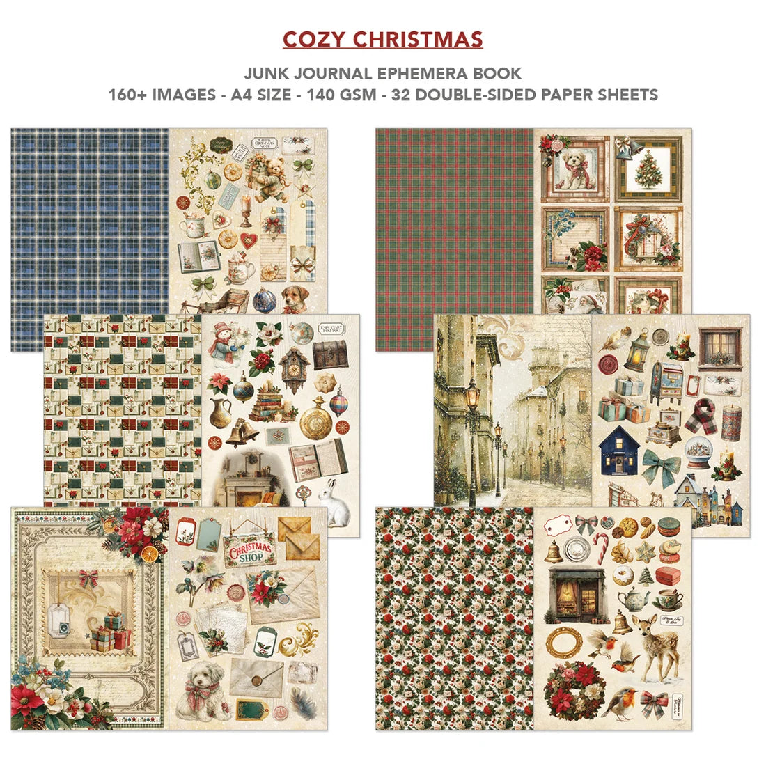 Cozy Christmas Junk Journal Ephemera Book collage showing multiple decorative paper sheet designs with vintage holiday motifs, plaid patterns, Christmas illustrations, and rustic decorative elements on a white background.