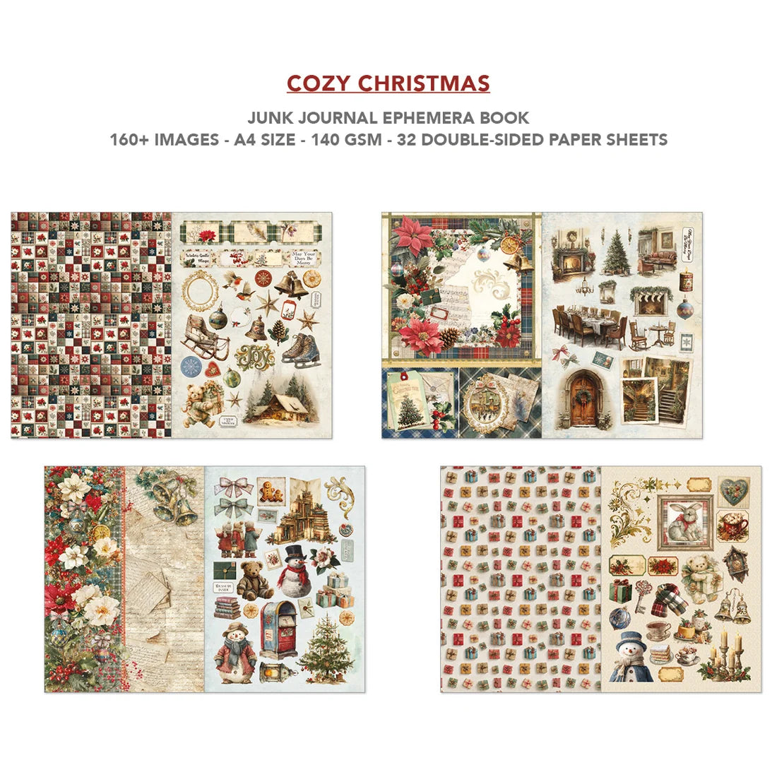 Cozy Christmas junk journal ephemera book cover preview showing four sample collage sheets with vintage holiday motifs, text at the top reads 'COZY CHRISTMAS JUNK JOURNAL EPHEMERA BOOK 160+ IMAGES - A4 SIZE - 140 GSM - 32 DOUBLE-SIDED PAPER SHEETS'.