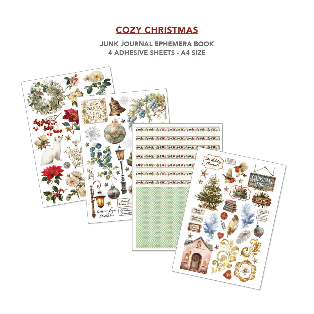 Four decorative adhesive sheets for an A4 size junk journal ephemeris book, themed 'Cozy Christmas'. The sheets feature vintage holiday illustrations including poinsettias, a Christmas tree, ornaments, stars, and cozy phrases.