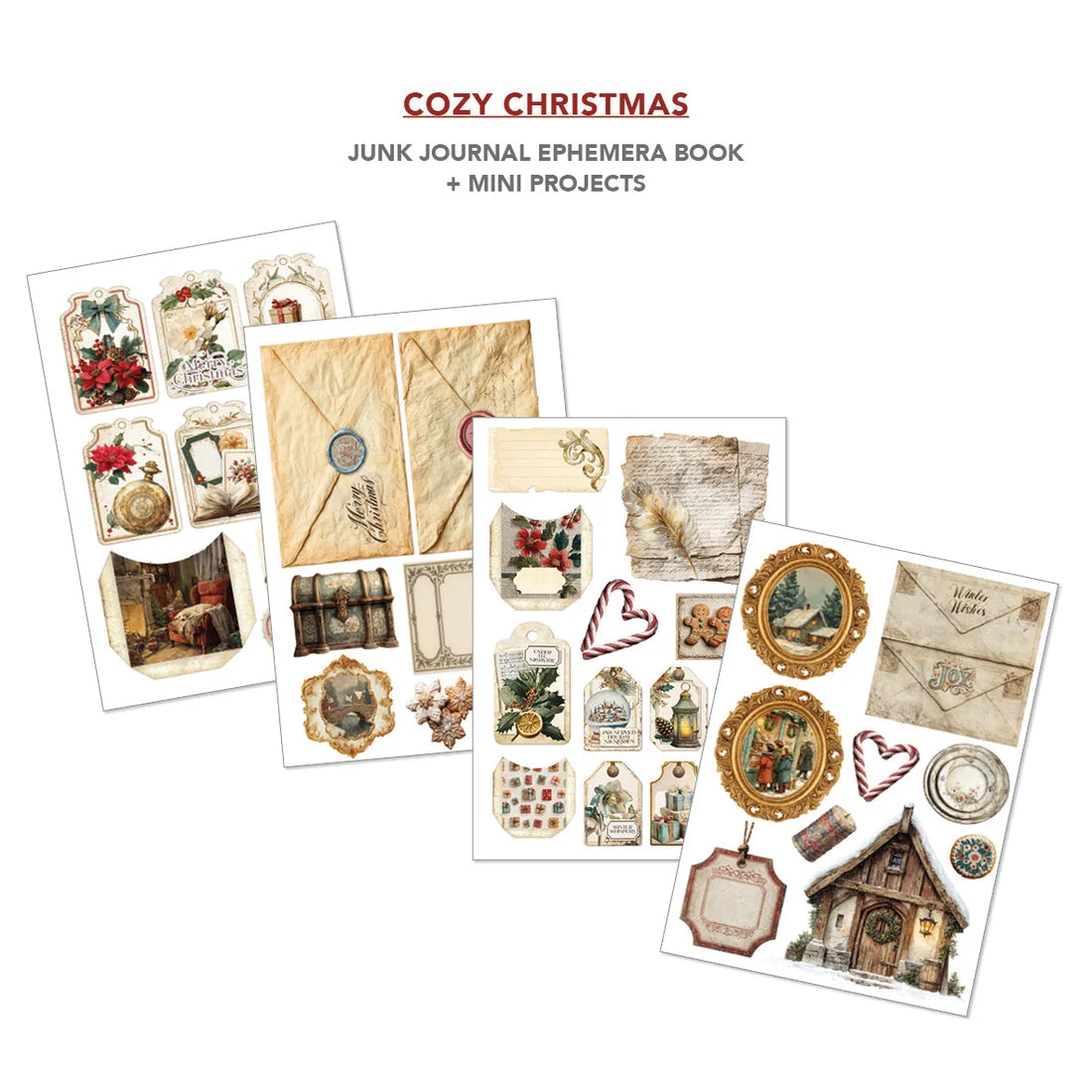 Junk journal ephemera book mini projects sheet set featuring vintage Christmas-themed labels, envelopes, ornaments, hearts, and a small house illustration on a white background with product title text at the top.