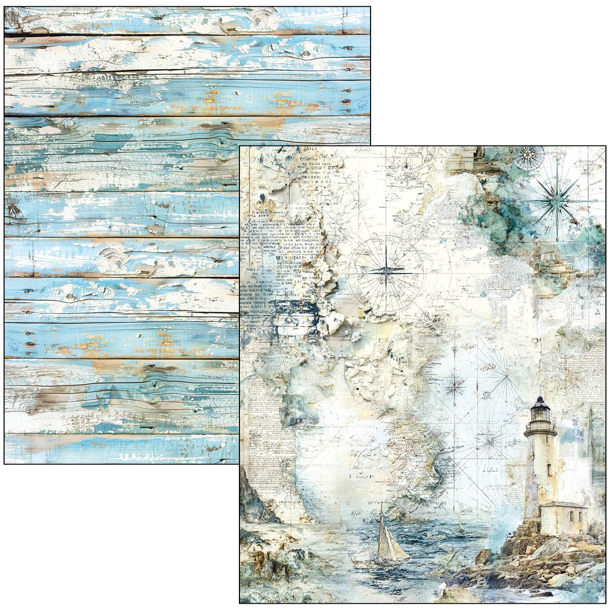 Two pieces of paper with nautical design featuring a lighthouse and map on one, and wooden planks on the other.
