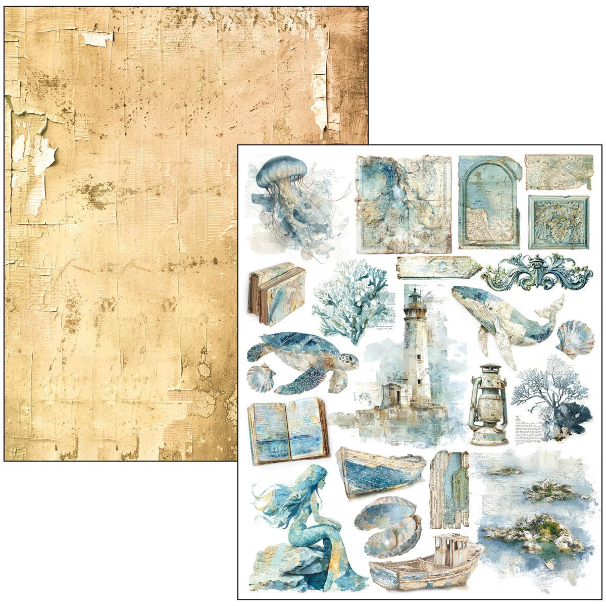 A sheet of watercolor-style collage paper shown on a white background, featuring a large distressed beige textured panel on the left and smaller blue-toned illustrated elements including a lighthouse, sea turtle, jellyfish, lantern, boats, shells, and coastal scenery.