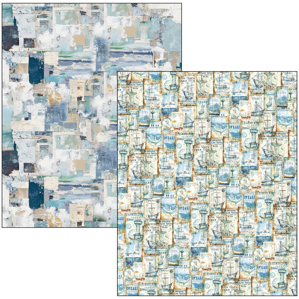 Two panels of textured paper with ocean-themed designs featuring shells, anchors, sailboats, and stamps.