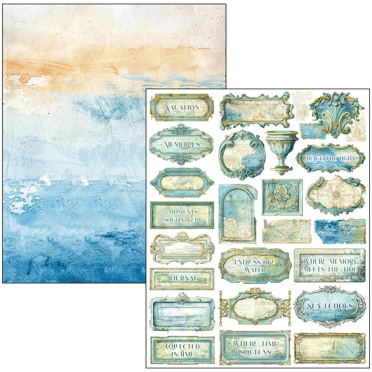 A sheet of decorative vintage-style labels and embellishments shown beside a matching watercolor background swatch. The labels feature ornate frames and text placeholders in muted blue, teal, beige, and cream tones.