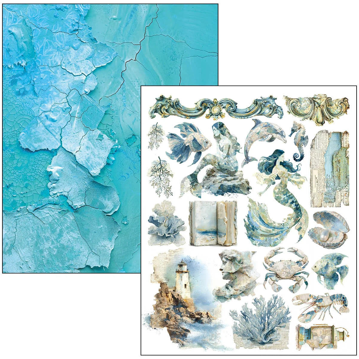 Set of ocean-themed decorative elements including fish, seahorses, and coral on a textured blue background.