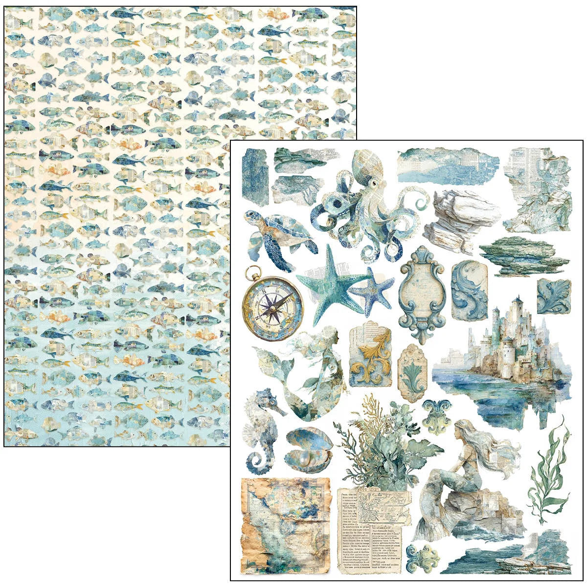 Nautical-themed paper with fish pattern on one side and various sea-themed elements on the other, including fish, shells, and mermaids.
