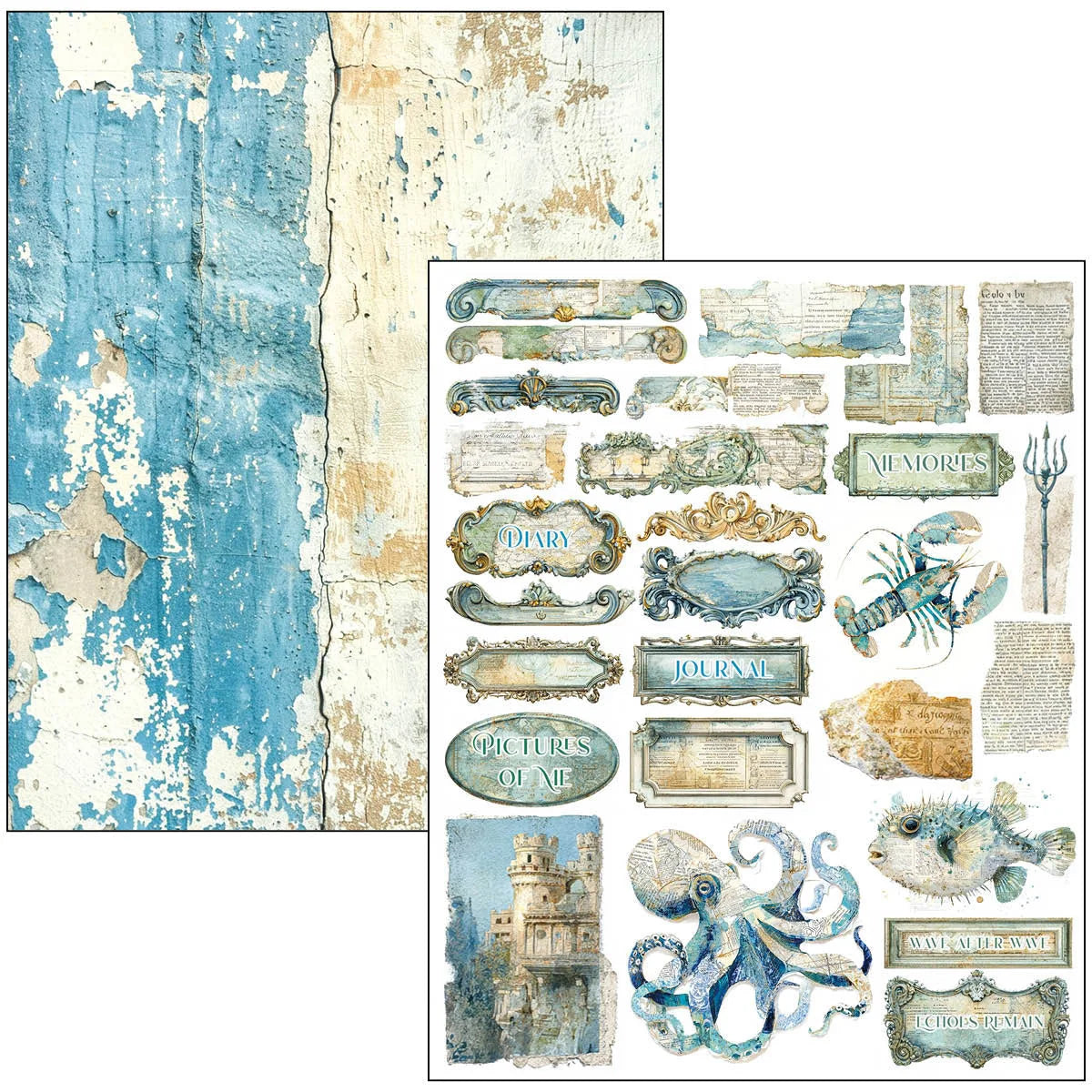 A sheet of scrapbooking paper or craft decoupage paper featuring a distressed, peeling blue and beige wood-grain texture alongside multiple vintage-style decorative labels, frames, a lobster, octopus, fish, and a lighthouse illustration.