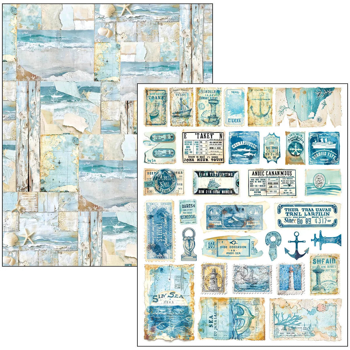 Nautical-themed paper with collage of images and text on a white background