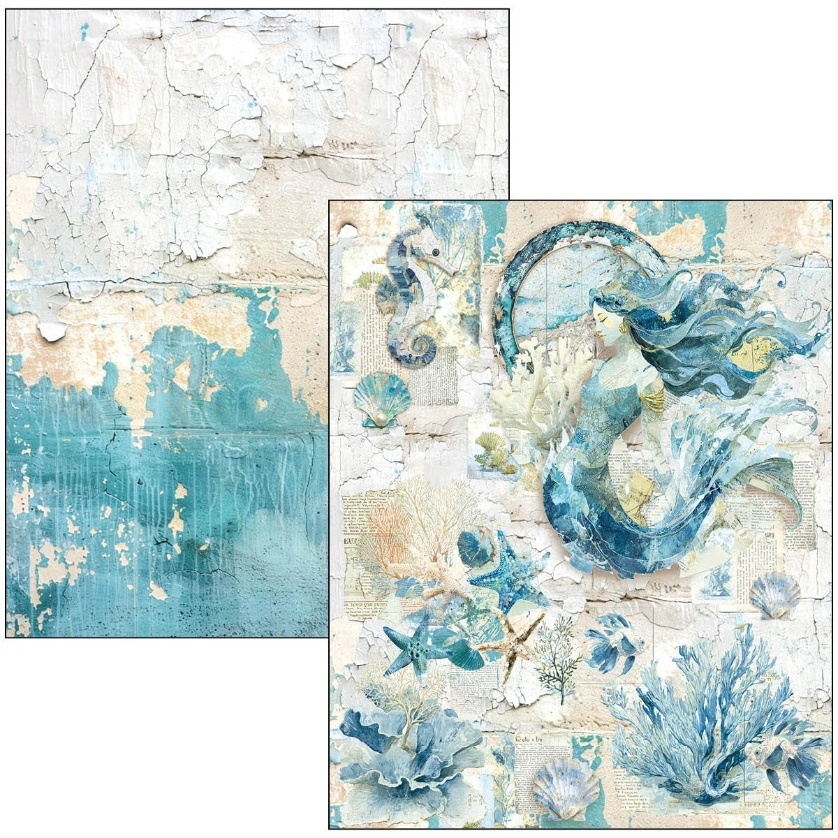 Two pieces of decorative paper with mermaid and sea-themed designs on a textured background.