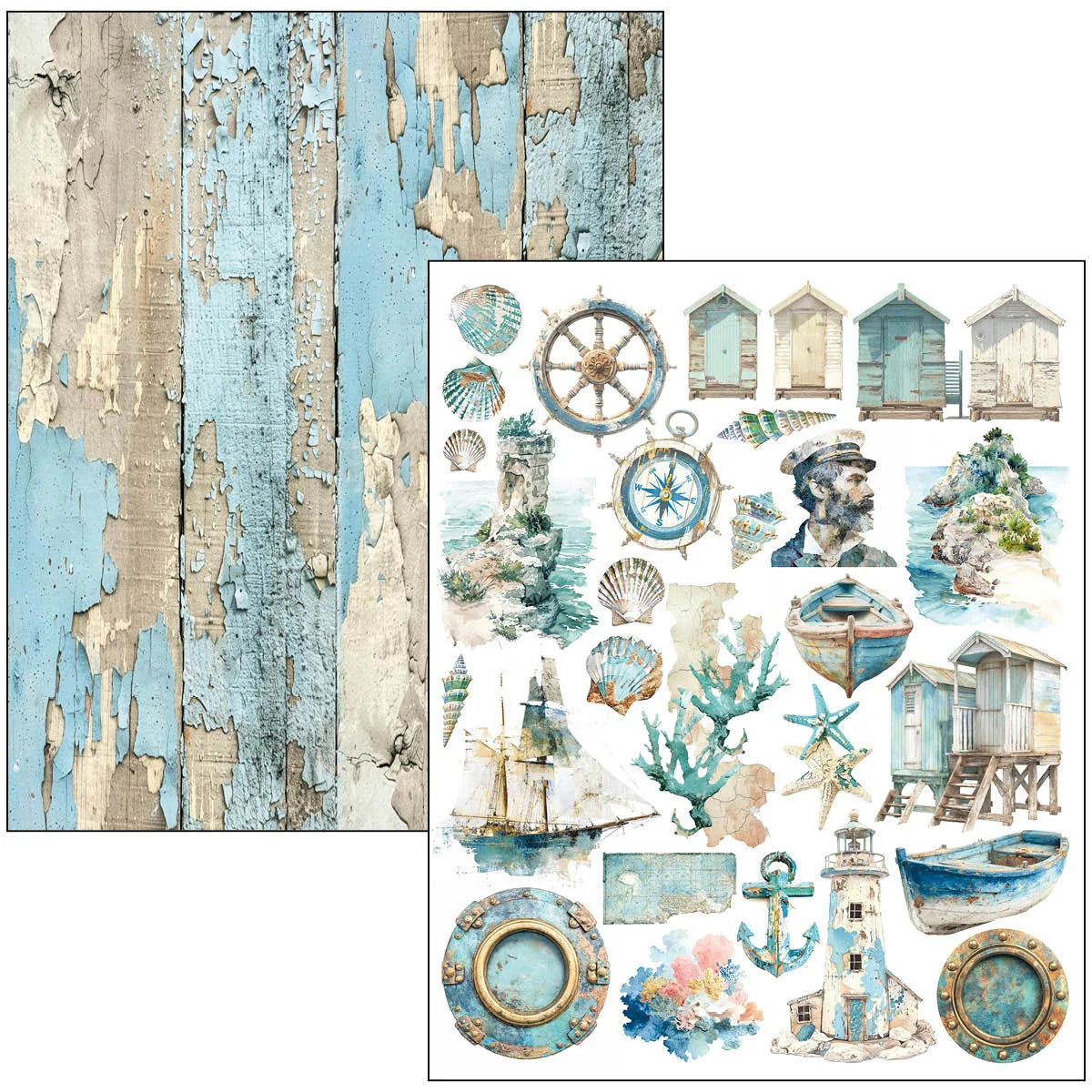 Nautical-themed paper with distressed wood texture and decorative elements.