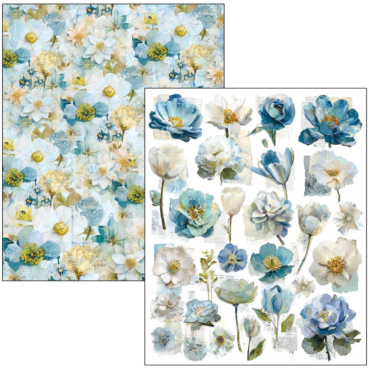 Set of floral stickers with blue, white, and yellow flowers on a white background.