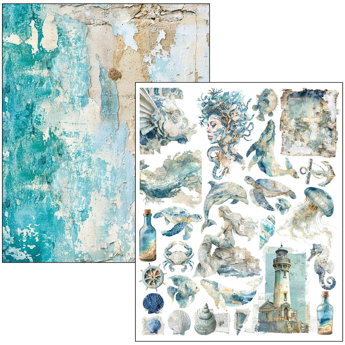 Nautical-themed paper with mermaid, dolphins, and lighthouse designs on a textured background.