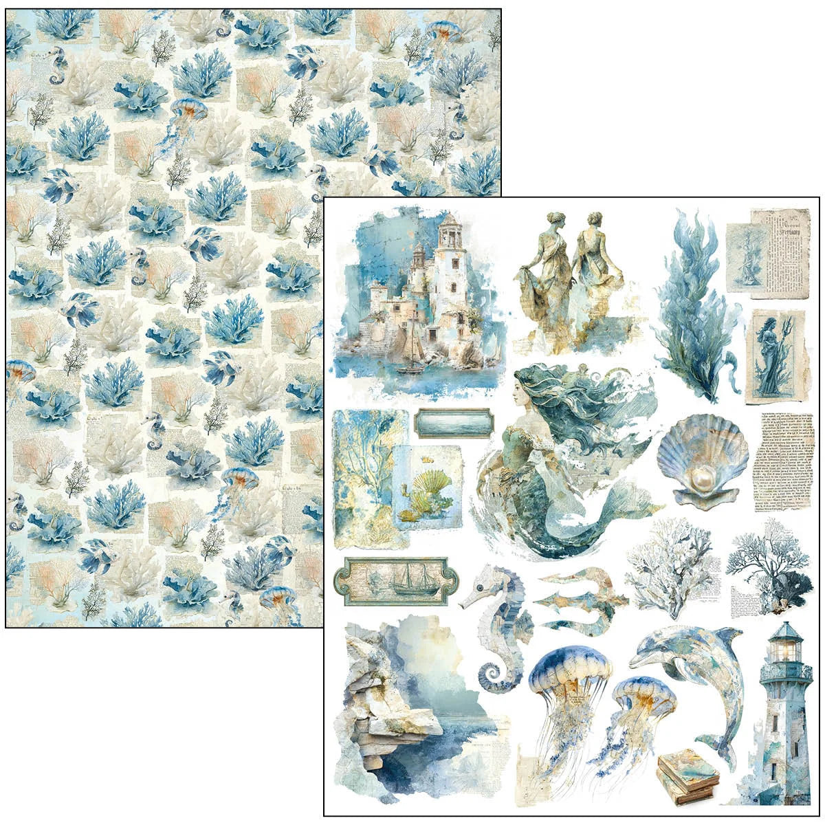 Seaside-themed paper with mermaid, seahorse, and lighthouse designs on a white background.