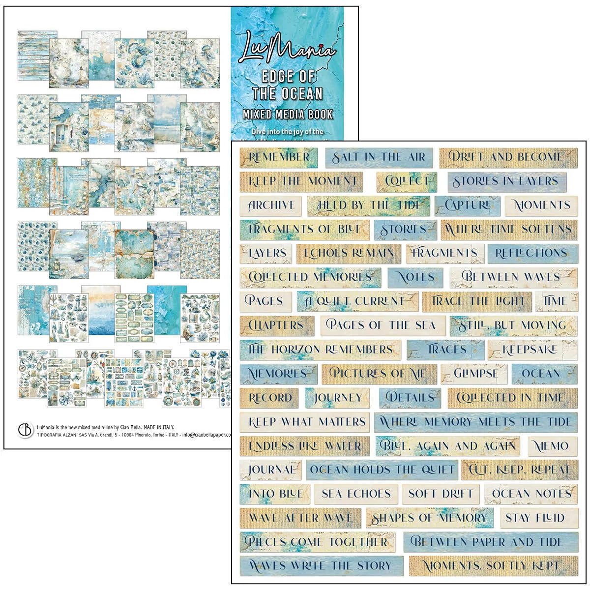 Collection of scrapbooking elements including paper strips and stickers with ocean-themed design.