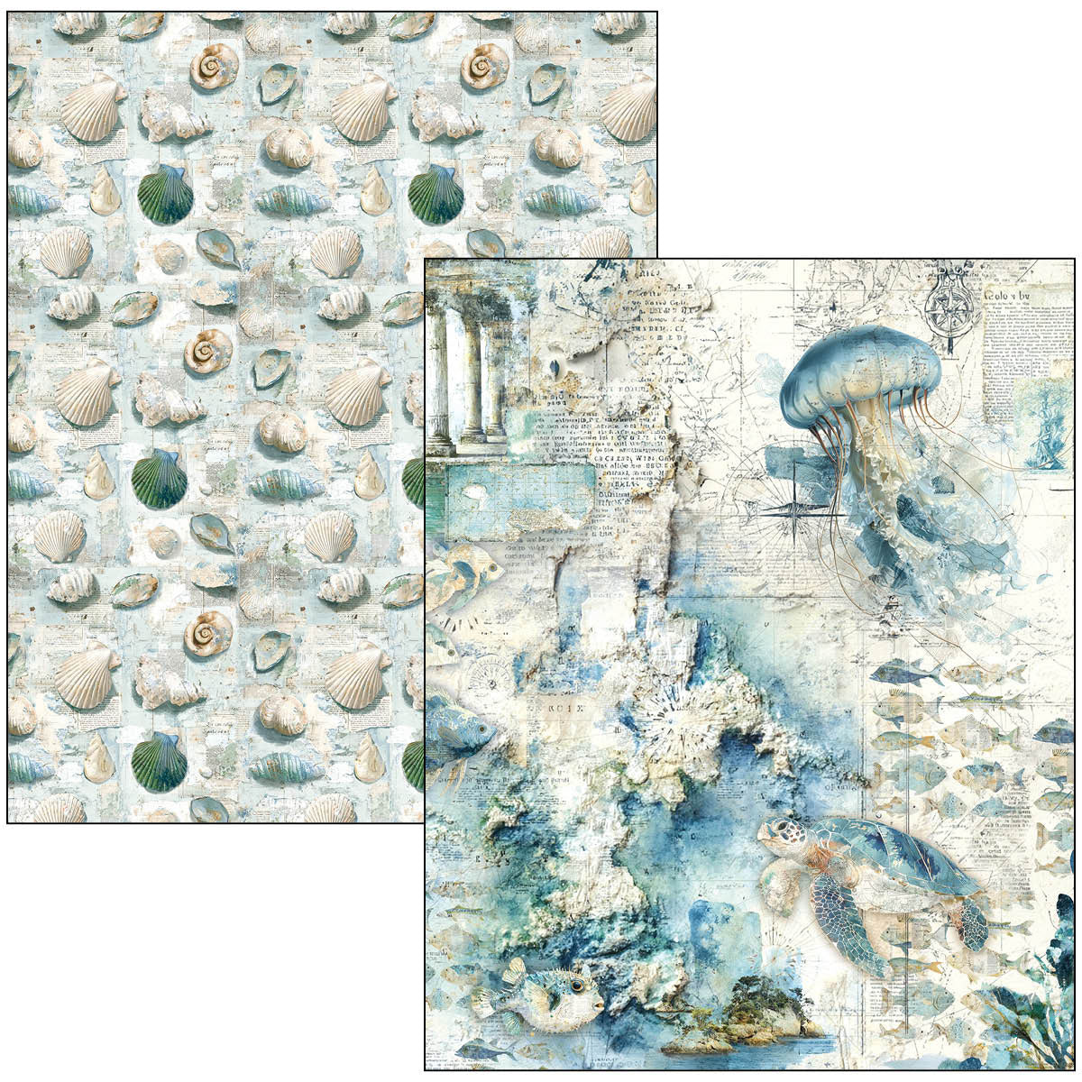 Two sheets of paper with ocean-themed designs, one with shells and the other with marine life.