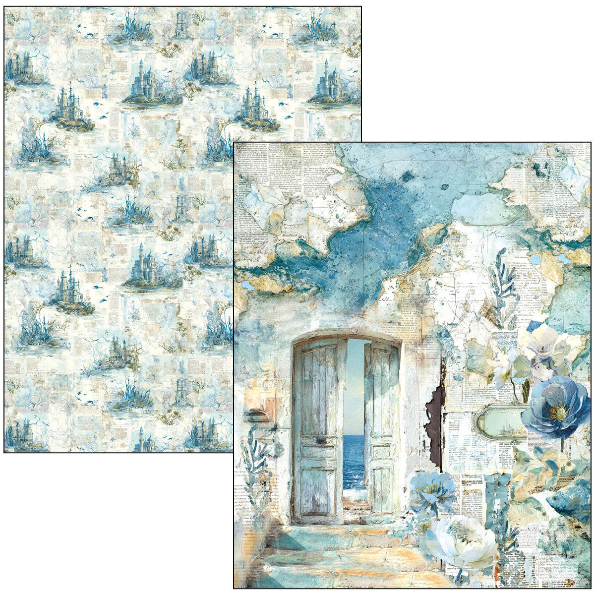 Two decorative paper sheets with nautical and floral designs on a white background.