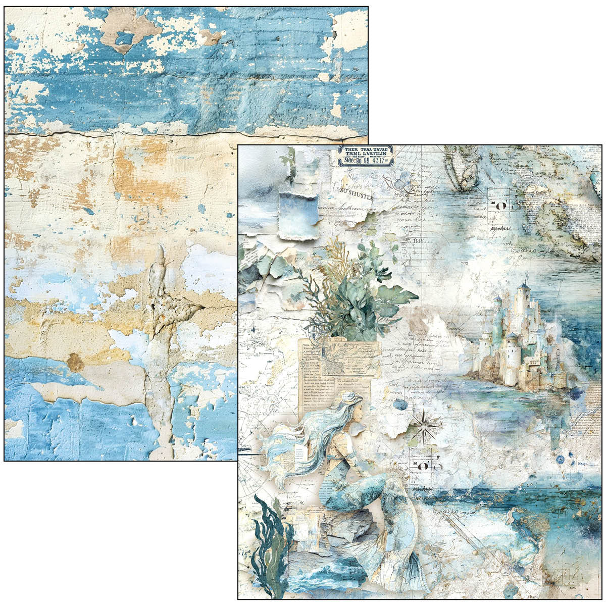 Collage of a mermaid and ship design with textured blue and beige background