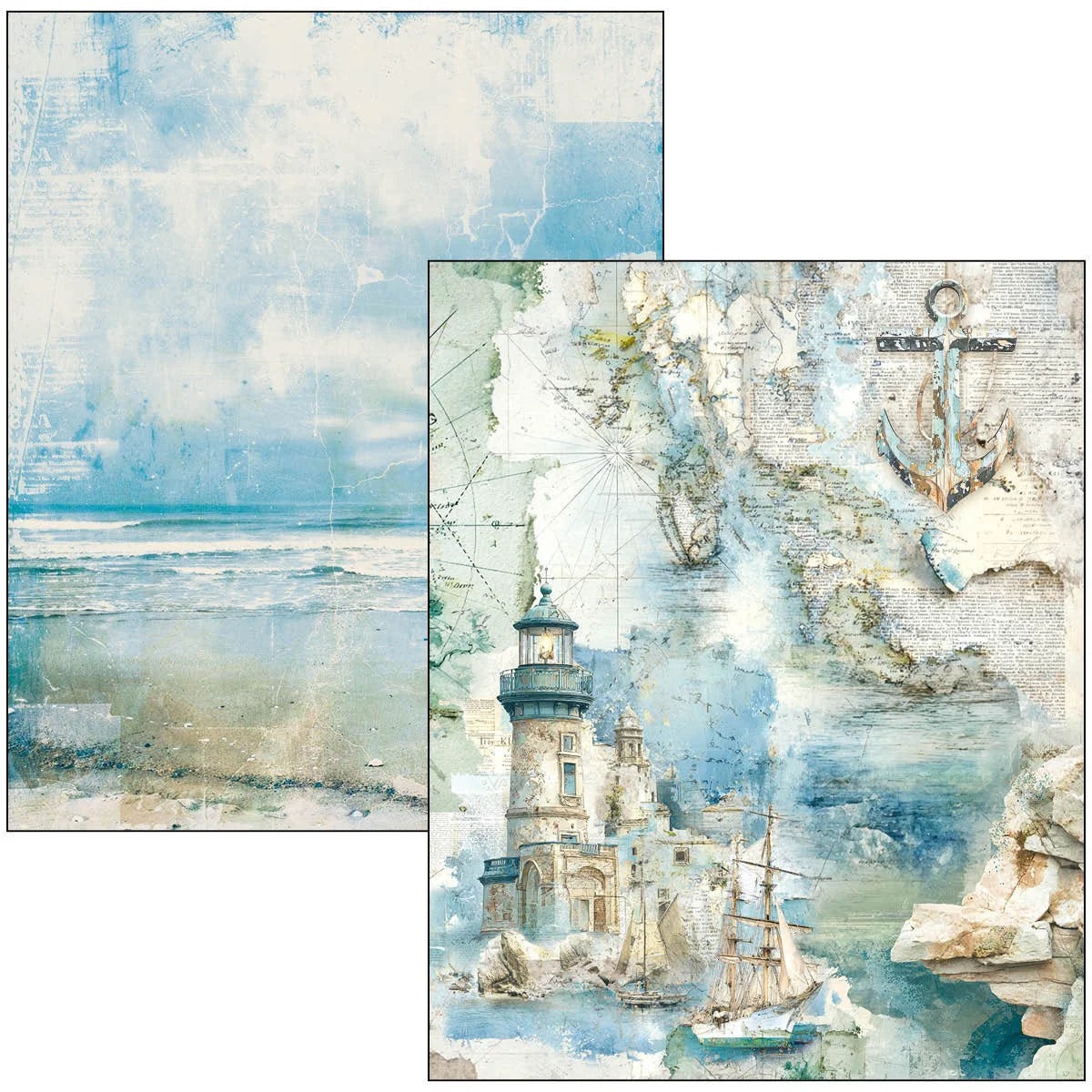 Nautical-themed paper with lighthouse, ship, and anchor on a textured background